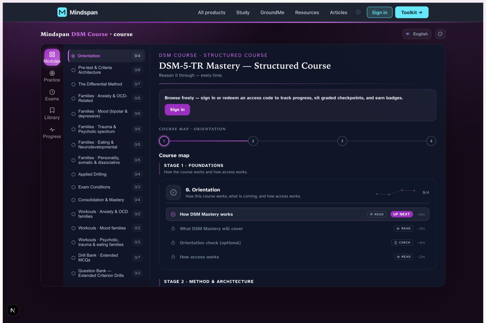 DSM-5-TR module — course dashboard screen