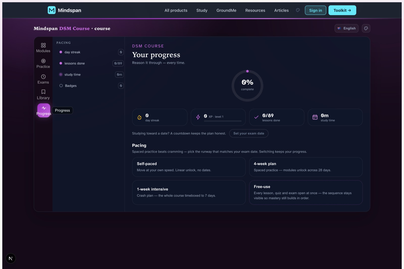 DSM-5-TR module — progress screen