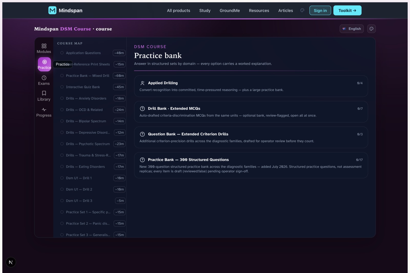 DSM-5-TR module — practice bank screen