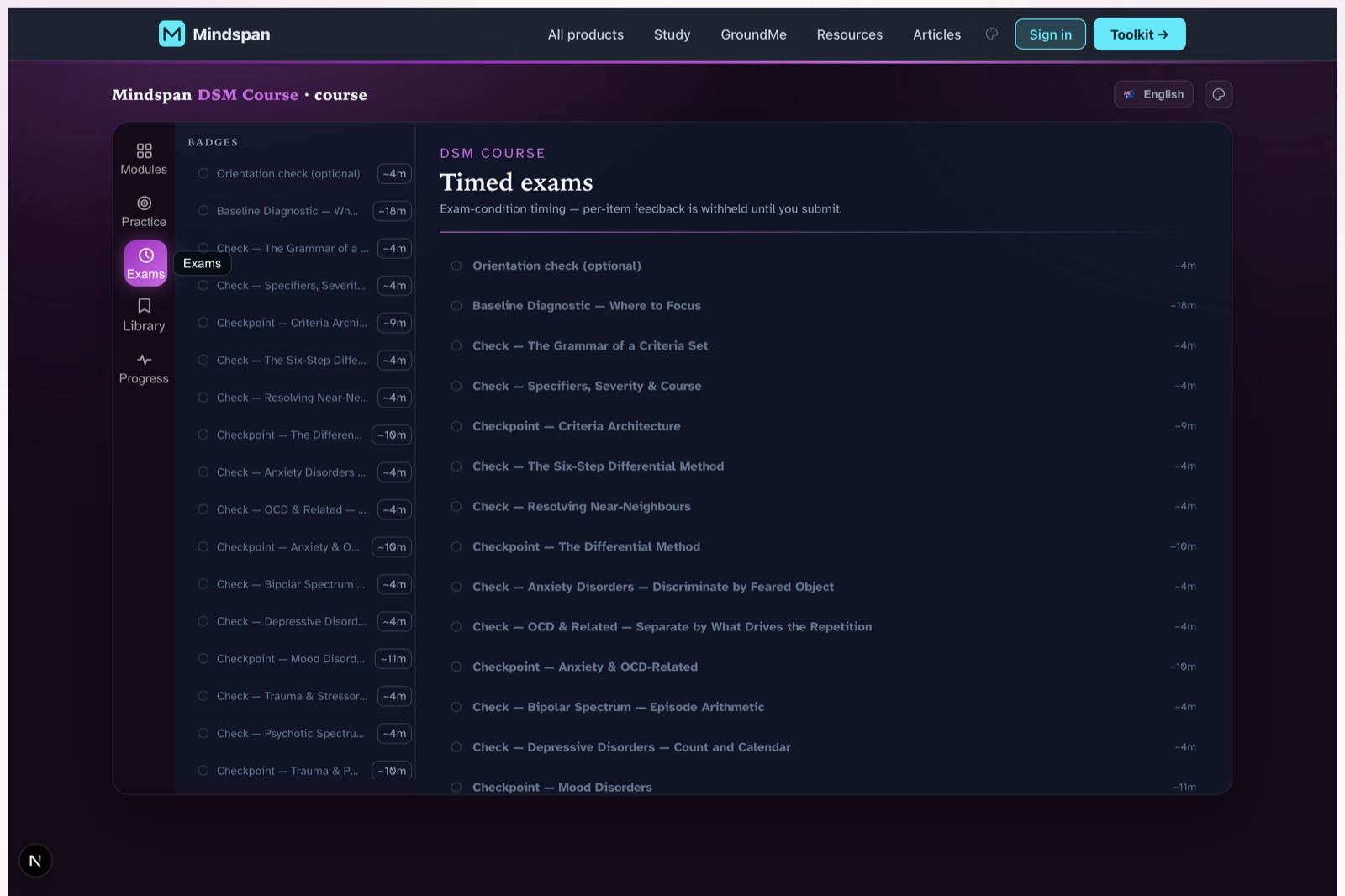 DSM-5-TR module — timed exams screen