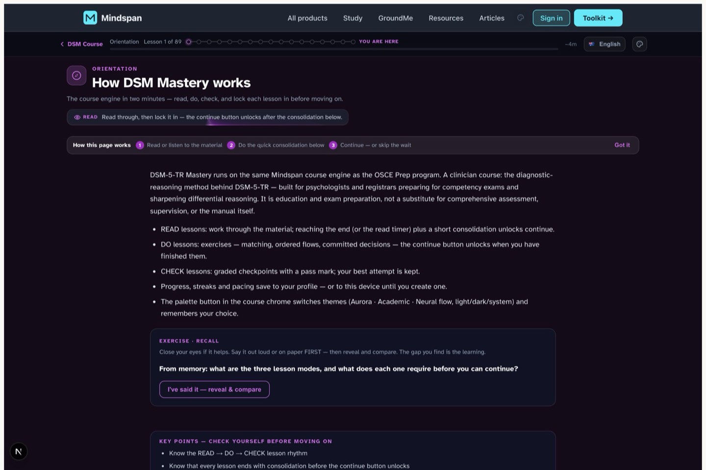 DSM-5-TR module — lesson player screen