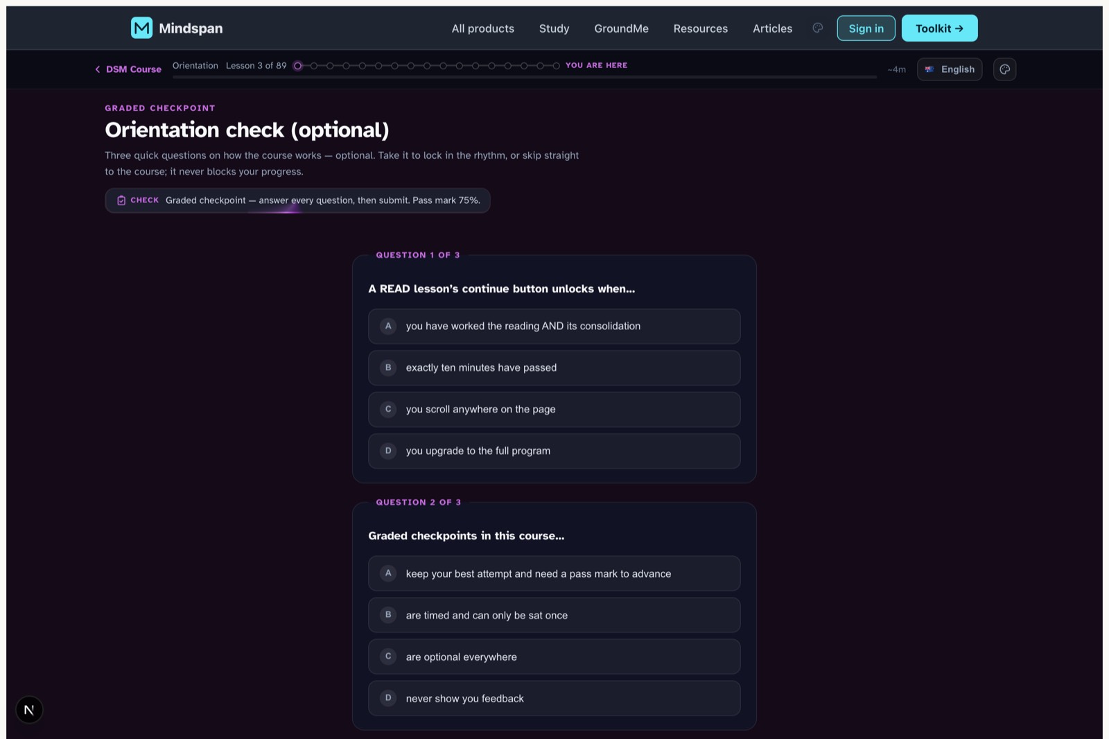 DSM-5-TR module — mcq checkpoints screen